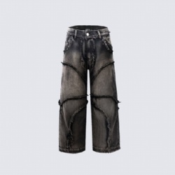 2026 Rough Hem Trimmed Contructure Loose Cut Men Jeans Customized