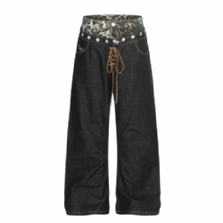 2026 Designer Contrast Leopard Waistband Straight Leg Women Jeans