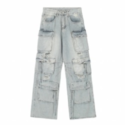 Factory Price Multi Pockets Cargo Men Jeans High Street Men Ripped Jeans Customized