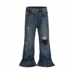 2026 Factory Price Ripped Men Flare Jeans Whisker Washed Jeans for Men