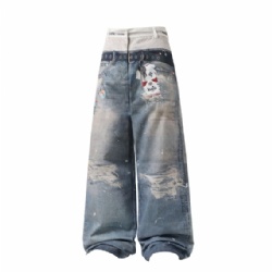 2026 Contrast Double Waistband Men Jeans Ripped Men Jeans