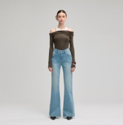 High Waist Light Blue Washed Women Flare Jeans Customized