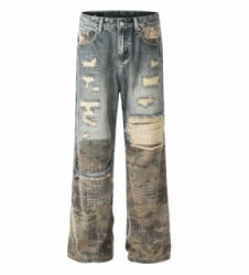 High Street Ripped Camou Patchwork Mens Jeans Straight Leg Jeans for Men