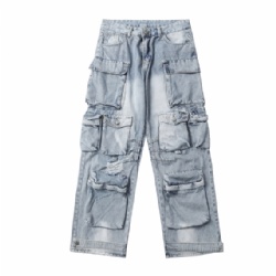2025 Factory Price Cargo Men's Jeans Multi Pockets Design Washed Men's Jeans