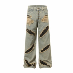 2025 Button Fly Ripped Jeans Straight Leg Vintage Washed Men Jeans Customized